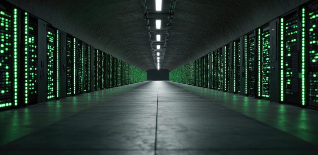 ai generated, data center, server, data, network storage, server room, network, technology, green, high-tech servers, computer, futuristic, storage, high-tech, lights